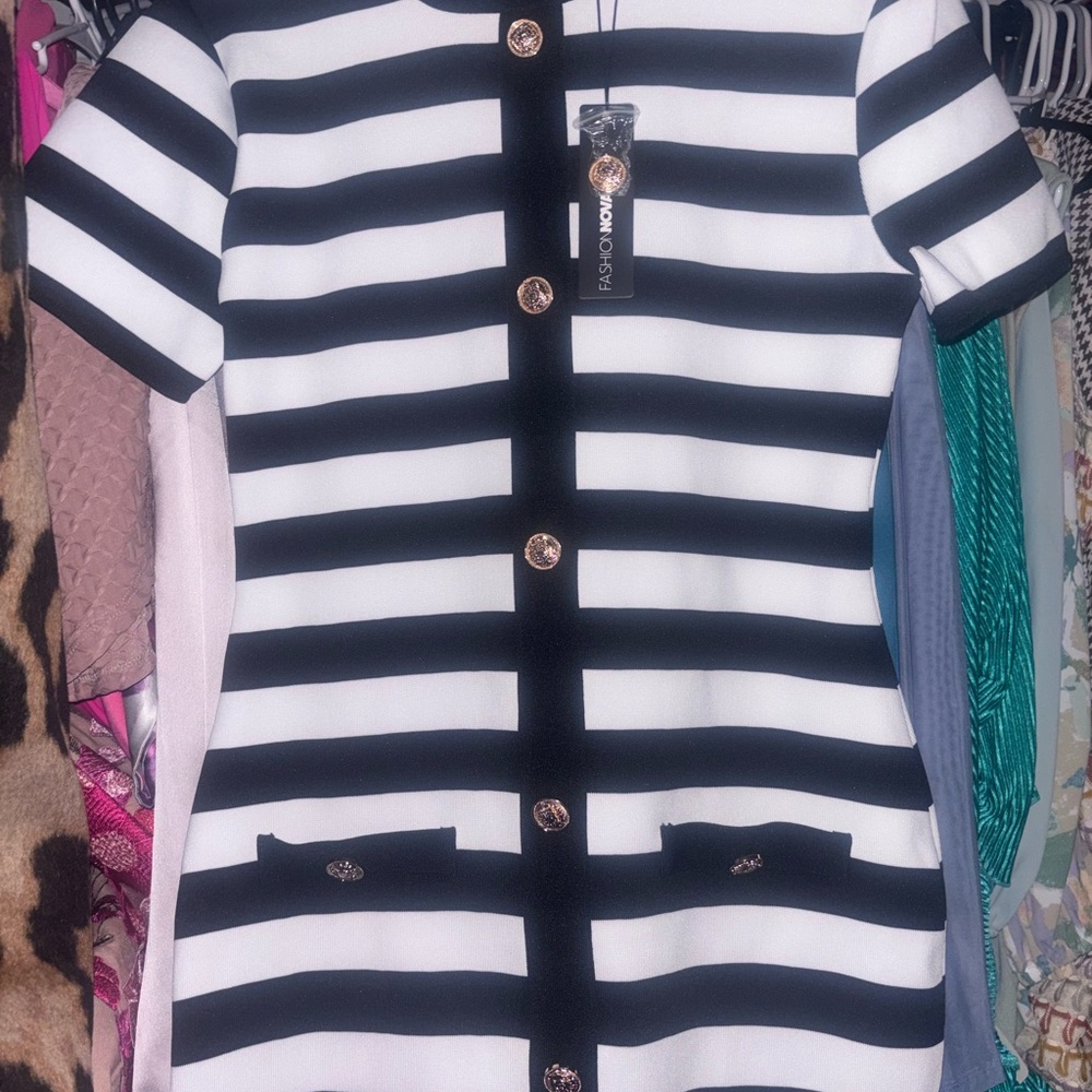 Fashion Nova Black and White Striped Dress with Gold Accents